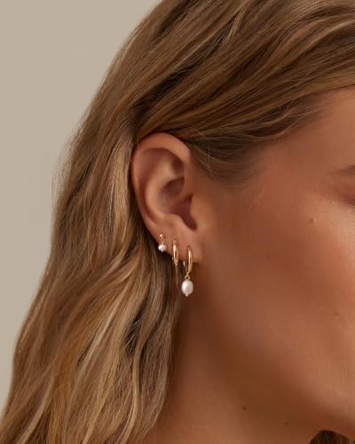 Image of Gold Earrings for Women, 14k Gold Plated Dangle Huggie Earrings for Women Trendy Dainty Gold Hoop Earring Stacks Hypoallergenic Pearl Chain Drop Cartilage Earring Fashion Womens Jewelry
