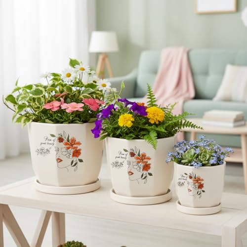 Image of Xtore Artistic Floral Face Ceramic Planter Set with Drainage Saucers | Decorative Planter Pot for Living Room, Balcony & Contemporary Plant Styling (Set of 3, Ivory Beige - Planters only)