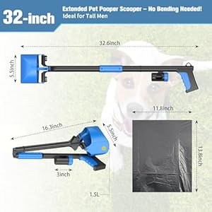 32″ Pooper Scooper for Dogs and Cats – Portable Dog Poop Scooper with Foldable Long Handle, includes Bag and Attachment – Ideal for Large & Small Dogs (Blue)