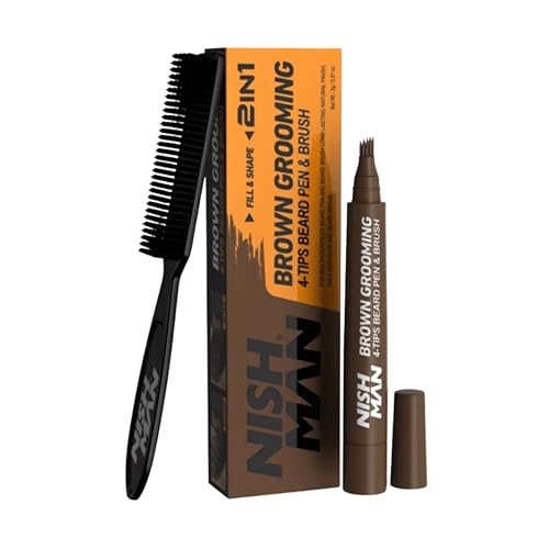 NISHMAN 2-in-1 Grooming Beard Pen & Brush – Brown – 4-Tip Precision Beard Filler for Men – Natural Beard & Hairline Definition – Smudge-Free, Long-Lasting Formula for a Clean, Sharp Look