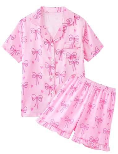 Mikrdoo Tween Girls Pajamas Elegant Silky Satin 2 Piece Fashion Summer Cute PJs, Pink Bow,Size 10 Years