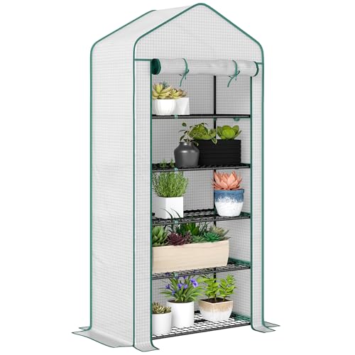 Outsunny Serre de Jardin avec étagères 5 Niveaux, Serre de Balcon, bâche renforcée, châssis en Acier, Porte zippée Enroulable, pour légumes Plantes...