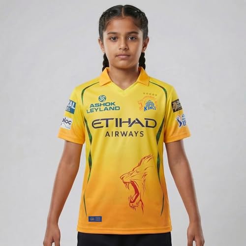 Image of playR x Chennai Super Kings Original Fan Jersey IPL 2026 - Kid's Dhoni 7 Half Sleeve CSK Cricket T-Shirt, Regular Fit Sportswear Tee for Training, Outdoor & Match Day Activewear for All Season
