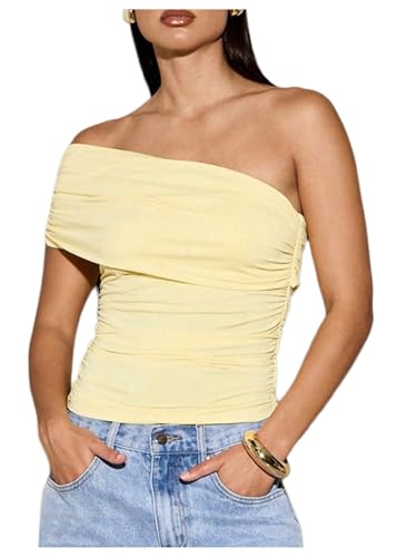 SOLY HUX Women's Ruched Tank Top One Shoulder Asymmetrical Neck Slim Fitted Summer Tops