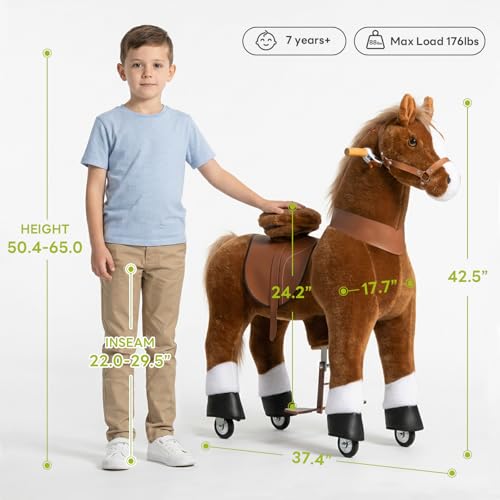 Image of PonyCycle Authentic Large Horse Ride on Toys for Kids RidingHorse Rocking Horse (with Brake /42.5 inch Height /Size 5 for Age 7-12) Ride-on Animals Plush Pony Toys No Electricity Brown Ux524
