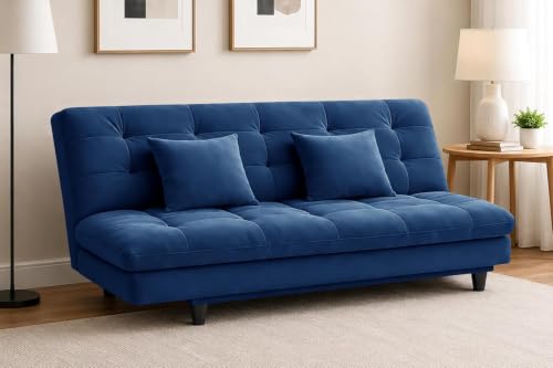 Image of Velvet Fabric Wooden 3-Seater Apsen Sofa Bed with Tufted Couch with Adjustable Backrest- Living Room Furniture-Blue-Color