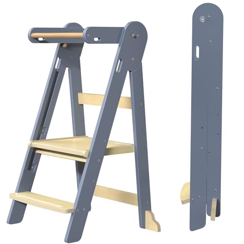 Image of Grownsy Foldable Step Stool Toddler Tower, Toddler Kitchen Stool Helper, Collapsible Kids Standing Tower with 3 Adjustable Heights for Kitchen Bathroom Sink Counter (Blue Gray)