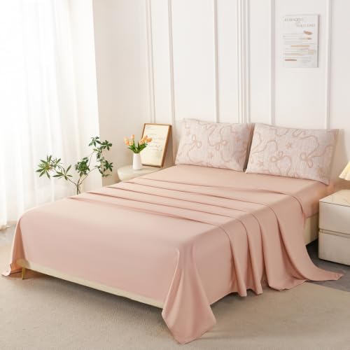 Image of PERFEMET Blush Pink Twin Comforter Set, 5 Pieces Cute Bow Jacquard Girls Bedding Twin Bed in a Bag, Soft All Season Vintage Embossed Bowknot Bedding Comforter Set Boho Bedroom Sets