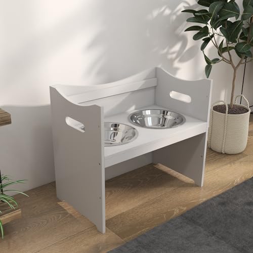 PawHut Erhöhter Hundenapf Höhenverstellbar Futternapf mit Ständer Wassernapf 2 x 2L Edelstahlnäpfen Langsamfutternapf verstellbar Fressnapf Futterstation Hundenäpfe für alle Hundegrößen, Weiß