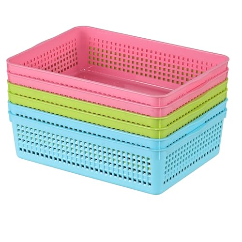 Leendines 6 Packs Colored Storage Basket Trays, Plastic A4 Size Shallow Tray