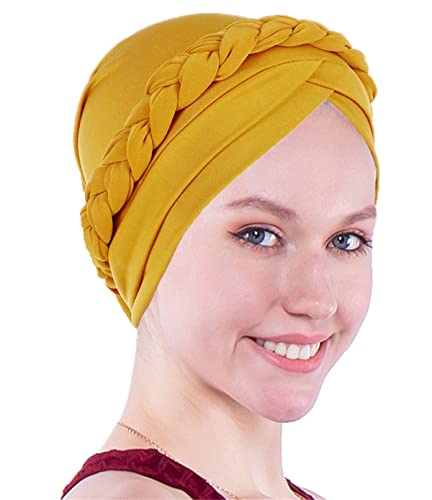 Chemo Cancer Head Hat Cap Ethnic Bohemia Pre-Tied Twisted Braid Hair Cover Wrap Turban Headwear (4 Pcs D Black White Royal Blue Ginger Yellow) - Thumbnail 4