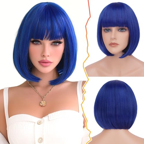 BARSDAR Navy Bleu Courte Bob Perruque avec Franges, Courte Bob Bleu Perruque avec Franges pour Femmes 30cm Chic Longueur D'aspect Naturel Synthétiques...