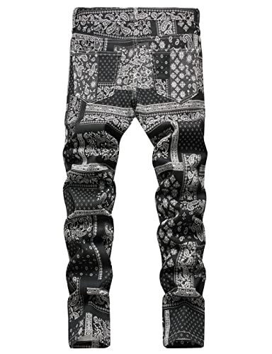Men Paisley Bandanna Digital Printed Stretch Jeans2