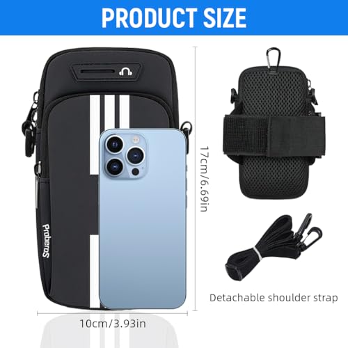 Image of Proberos Running Armband Pouch for 7'' Phones, Waterproof PU Arm Band, Double Layer Zip-up Pouch, Adjustable Arm Phone Holder with Night Reflective Strip & Earphone Cable Hole, Black