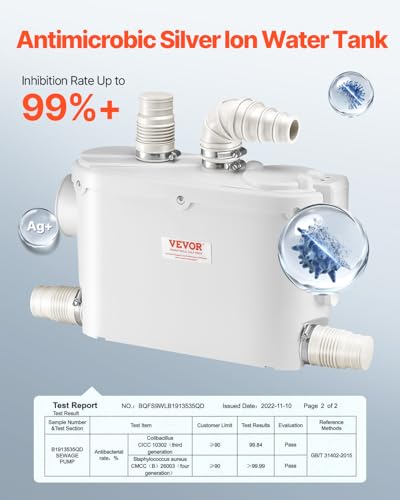 Image of VEVOR Macerator Pump, 500W, 29 GPM Flow, 26 ft /8 m Head, Macerator Wall-Hung Toilet Pump with 4 Water Inlets, Waste Water Disposal Upflush Machine for Toilet, Basement, Shower, Sink, Laundry, Bathtub