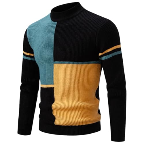 Mens Colorblocked Pullover Sweaters, Pullover Long Sleeve Color Block Cable Knit Long Sleeve Mock Neck Contrast Sweaters