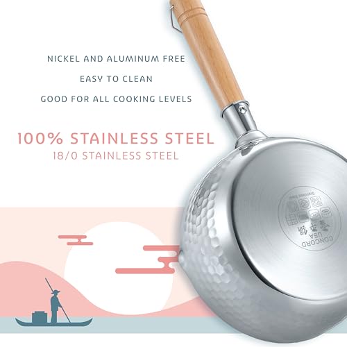 Image of (1 PC) - CONCORD 1.9l Stainless Steel Yukihira Pan. Traditional Japanese Saucepan with Wood Handle. Great for Ramen, Tempura, Milk, etc.