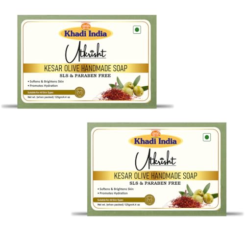 Image of Utkrisht Khadi Kesar Olive Handmade Bathing Soap Bar 125g (Pack of 2) | Natural & Herbal | Hydrating, Glowing & Brightening Skin | For Even Skin Tone | All Skin Types | For Men & Women