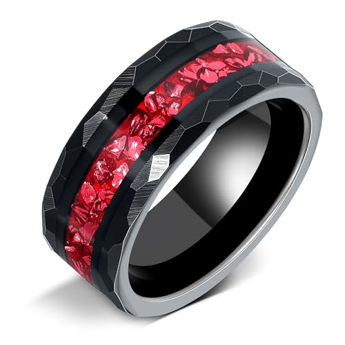 Ruby 8mm Black Gold or Rose Gold Plated Tungsten Wedding Bands Ring with Morganite/Sandstone/Moss Agate/Opal/Wood Option - Unique Gothic Daily Wear Promise Rings for Him and Her Size 7-14