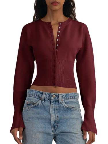 Image of Saodimallsu Womens Cropped Sweaters Cardigan | Button Down,Long Sleeve,V Neck,Ribbed Knit,Slim Fit ,Pullover Crop Tops