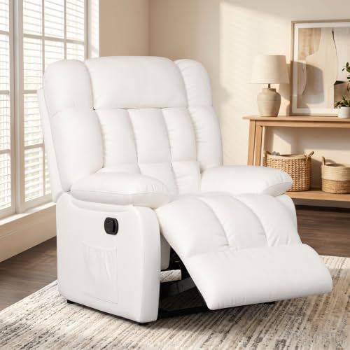 Image of Oversized Recliner Chair, Leather Recliner Adjustable with Side Pockets, Living Room Reclining Lounge Chair for Adults, Small Spaces Comfy Sofa with Theater Seating for Bedroom, Movie,White