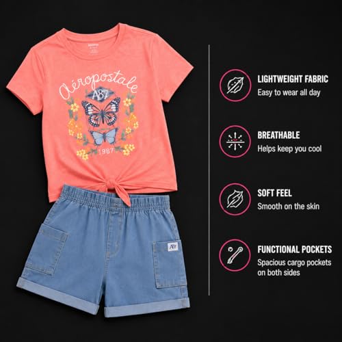 Image of AEROPOSTALE Girls Shorts Set - 2 Piece Soft Short Sleeve Graphic Tees and Twill or Denim Shorts Summer Outfits for Girls