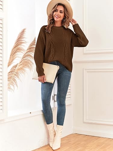 Image of ZAFUL Womens Sweater Cable Knit Oversized Sweaters Crewneck Long Sleeves Casual Knit Pullover Tops