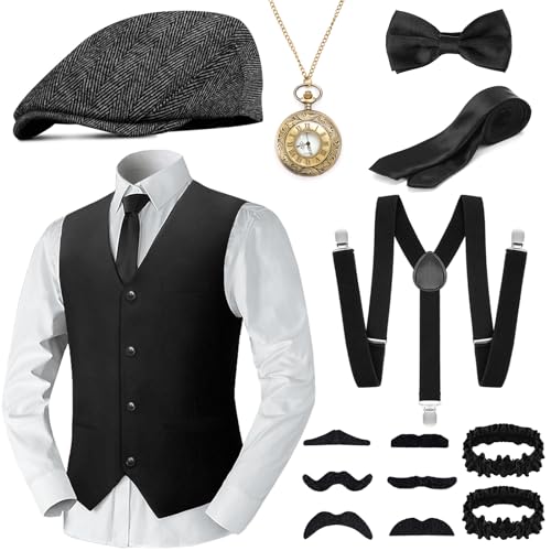 WEARXI Peaky Blinders Karneval Kostüm karnevalskostüm Herren, Mafia 20er Jahre Accessoires Herren Damen mit Weste Hosenträger Hut, Fasching Kostüm Peaky Blinders für...