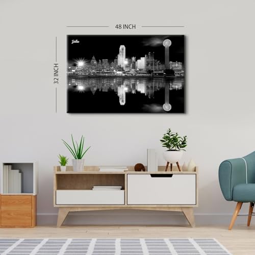 Image of Nature Cityscape Wall Art for Bathroom Dallas Skyline Wall Decor USA City Canvas Painting Black and White Skyscrapers Cityscape Framed Posters Night Scene Large Artwork Modern Home Decorations 32x48 inch