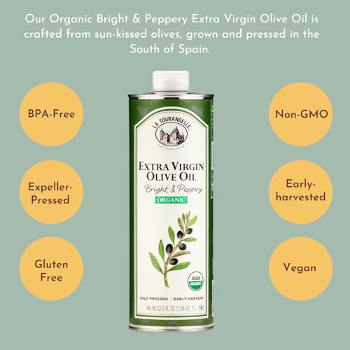 Image of La Tourangelle, Organic Extra Virgin Olive Oil, Cold-Pressed Early Harvest EVOO from Spain, Bright & Peppery, 33.8 fl oz (1 Liter) - Spanish with Polyphenols for Cooking, Drizzling, Marinades, and Dipping