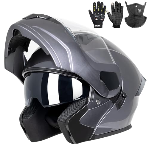 Adult Modular Motorcycle Helmets, DOT Approved Flip up Dual Visor Full Face Helmet for Men Women...