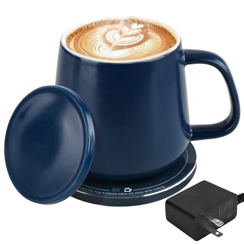 USBERG Smart-Warming Ceramic Mug & Plug in 15W Wireless Charger Combo - Keep Coffee Hot (131°F/55°C, USB-C) & Phone Charged, Cord-Free! 12.8 oz, Splash-Proof Lid (Navy Blue)