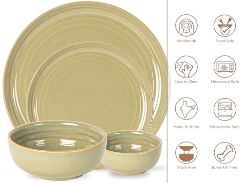 Image of Bodhi House Handcrafted Chip Resistance Porcelain Dinner Set, 20 Pieces Dish Set Serving for 6, Microwave and Dishwasher Safe, Bone-ash Free, Crockery Set for Dining and Gifting, Olive Green