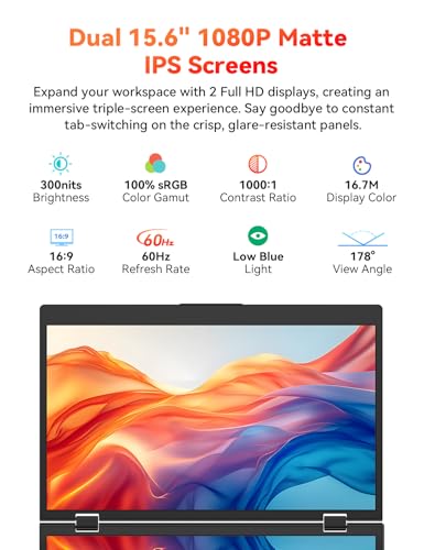 Image of HotYeah Triple Laptop Screen Extender, 15.6 inch 1080P FHD IPS Folding Stacked Portable Dual Monitor, USB C Travel Extended Computer Display w /VESA, 180Rotation, Plug & Play for Laptops (Windows Only)