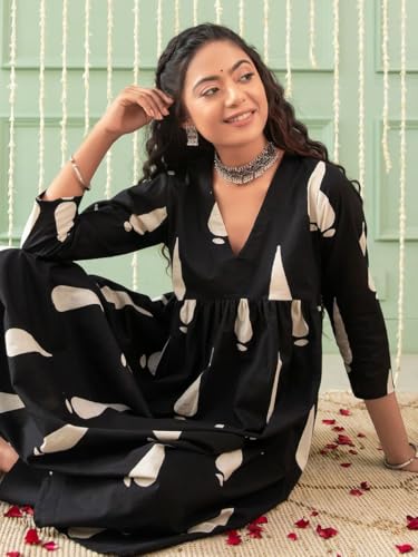 Shienzy Cotton Blend Teardrop Motif Anarkali Women's Kurtas & Kurtis (1612_1654-L_Black_L)