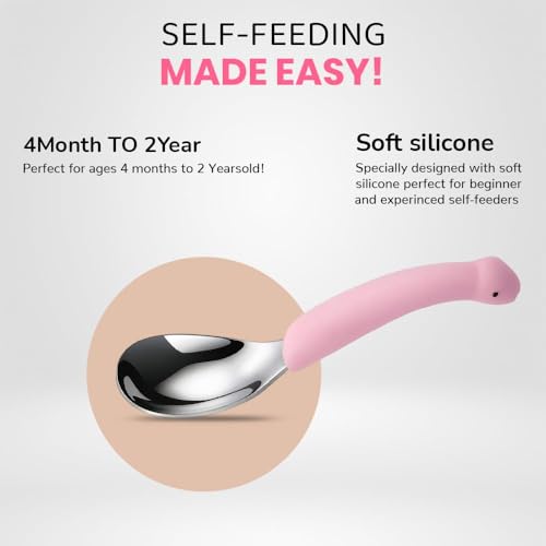 Image of Silicone Spoon for Baby, Pink Baby Feeding Spoon, Silicone Kids Spoon with Dinosaur Case, 1 Pc, Travel Friendly Mealtime Utensil, Daily Feeding Essential