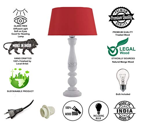 Image of Homesake Handcrafted Wooden Table Lamp for Bedroom & Living Room | Decorative Bedside Reading Lamp with Fabric Shade, E27 Holder | Bulb Included | White Floral Carved Base for Home Decor, Red