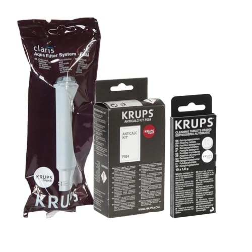 Reinigungs/Pflege-Set passend für Krups für Kaffee- und Espressomaschinen, 1 x Wasserfilterpatrone F08801 + 1 x Anticalc Entkalkerpulver F054 + 1 x 10 Reinigungstabletten XS3000