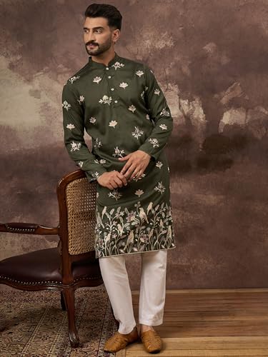 Image of Men's Calf Length Silk Blend Embroidered Solid Kurtas | Men | Kurtas for Mens | Straight Fit Kurta for Men's