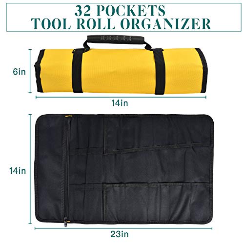 Akamino 2 Pack Canvas Roll Up Tool Bag, Multi-Purpose Tool Pouch with Zipped Compartments Heavy Duty Hanging Tool Organizer for Wrench Screwdriver Tool Storage
