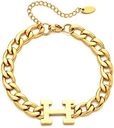 TassadarGlory Chunky Gold Chain Bracelet for Women-Gold Cuban Link Chain Bracelets Aesthetic Cute Titanium Steel Curb Chain Personalized Bracelets Hippie Jewelry, Dainty Bracelets Birthday Gifts for Women (Gold H bracelet)