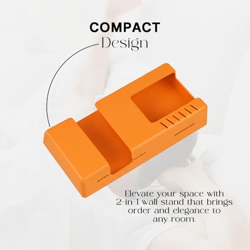 Image of Prolet Wall Mount Mobile Charging Holder with Storage Box & AC /TV Remote Organizer, Self-Adhesive Phone Plug Stand, Multipurpose Wall Shelf, Space Saving Mobile Holder for Home & Office (Orange)