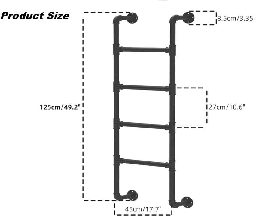 4-Rung Bunk Bed Ladder, 4.1×1.5FTWall Mount Basement Window Well Egress, Black Wrought Iron Industrial Pipe Step Loads 330lbs, Indoor Outdoor Metal for Attic Loft Dorm RV Deck Wall