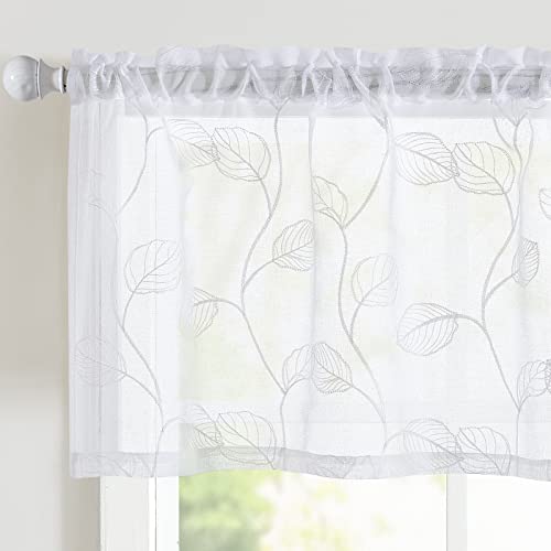 Topick White Sheer Valance with Leaf Embroidered Design Rod Pocket Bedroom Living Room Window Valances Curtain 1 Panel 18 inch