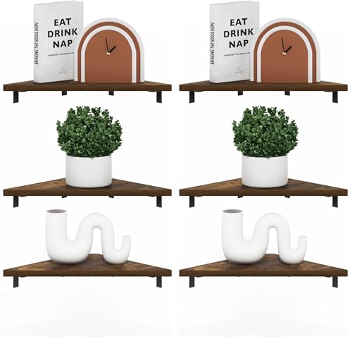 Image of Furinno Rossi Triangle Corner Floating Shelves, Wall Mount Display Shelf, Amber Pine, Set of 3 (Pack of 2)