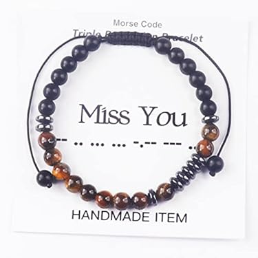 AMAZON - Morse Code Bracelets for Women/Mens/Best Friend/Couples,Ediseng Crystal Beaded Bracelet,Tiger Eye Beads/Hematite Beads/Black Onyx Beaded Bracelet with I Love You/BFF/Miss You Cards (Miss You Cards)