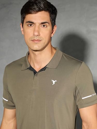 Image of TECHNOSPORT Men's Solid Slim Fit Polo Collar T-Shirt TECHNOCOOL+ Half Sleeve Button Polyester for Gym Running Workout UPF50+ Anti Odour