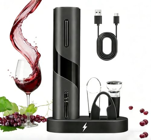 Image of PEIPU Electric Wine Opener Set, Rechargeable 6-in-1 Wine Gifts for Wine Lovers with Charging Base, Foil Cutter, Wine Aerator Pourer & Vacuum Stoppers (Light Black)
