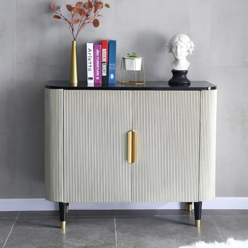 Image of Boston Console Table, Black Marble Top, Charcoal Louvers, Golden Accents, 36x15x30 Inch, Waterproof Plywood, 3-Shelf Storage Cabinet, Elegant Entryway or Living Room Display Table