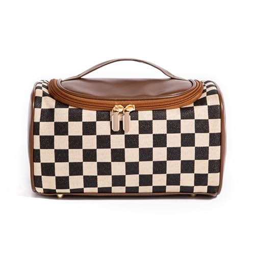 Vintage Makeup Bag for Women Portable Retro Checkered Pattern Cosmetic Organizer Patchwork Style Pillow Storage Pouch Skincare Storage Bag Large Capacity Elegant Handheld Waterproof Handbag (Brown)